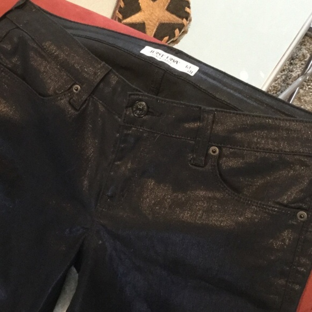 Just USA Jeans Black Glitter Jeans Q a waxy Sheen and Straight leg NWOT